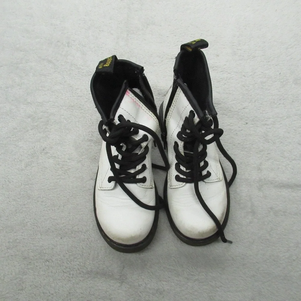 Dr. Martens Kids 11 Combat Boots White‎ Leather Side Zip Lace Up AirWair Classic